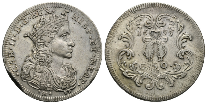 Napoli. Carlo II, King of Spain and Sicily, 1665-1700. Mezzo Ducato 1693. (Silve...