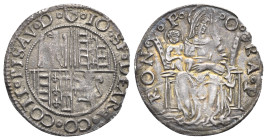 Pesaro. Giovanni Sforza, 1480-1500. Grosso, (Silver 23.90 mm, 1.60 g). (shield) IO S DI RA CO COTI PISAV D Coat of arms. Rev. S M ORA PRO N Madonna se...