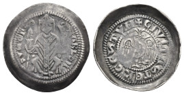 Trieste (Arcivescovi). Arlongo de' Visgoni, 1260-1282. Denaro (Silver, 21.70 mm, 1.04 g). Circa 1269-1280. ARLON GVS ЄP Arlongo enthroned facing, hold...