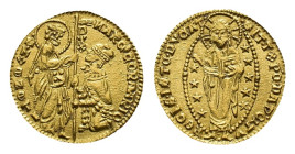 Venezia. Marco Corner, 1365-1368. Ducat (Gold, 20 mm, 3.55 g). MARC CORNARIO S M VENETI St. Mark standing to right, holding Gospels and presenting fla...