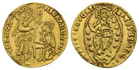 Venezia. Michele Steno, 1400-1413. Ducat (Gold, 21.18 mm, 3.61 g). MIChAEL STEN S M VENETI St. Mark standing to right, holding Gospels and presenting ...