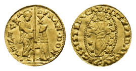 Venezia. Francesco Donà 1545-1553. Zecchino (Gold, 21 mm, 3.48 g). FRAN DON DVX S M VENET St. Mark standing to right, holding Gospels and presenting f...