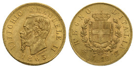 Vittorio Emanuele II, King 1861-1878. 10 Lire 1863. (Gold, 18.51 mm, 3.23 g) Torino. Head of Vittorio Emanuele II facing left; 1865 in exergue. Rev. R...