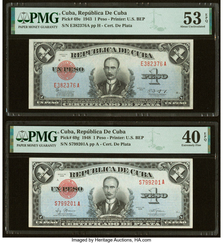 Cuba Republica de Cuba 1 Peso 1943; 1948 Pick 69e; 69g Two Examples PMG About Un...