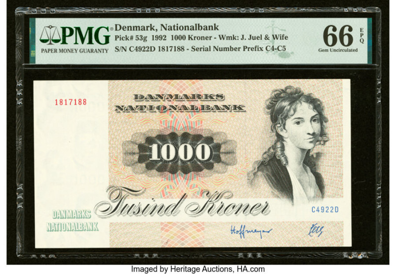 Denmark National Bank 1000 Kroner 1992 Pick 53g PMG Gem Uncirculated 66 EPQ. HID...