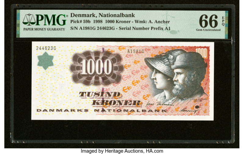 Denmark National Bank 1000 Kroner 1998 Pick 59b PMG Gem Uncirculated 66 EPQ. HID...