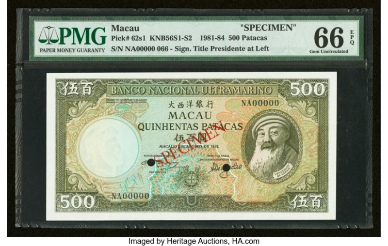 Macau Banco Nacional Ultramarino 500 Patacas 8.8.1981 Pick 62s1 KNB56S Specimen ...