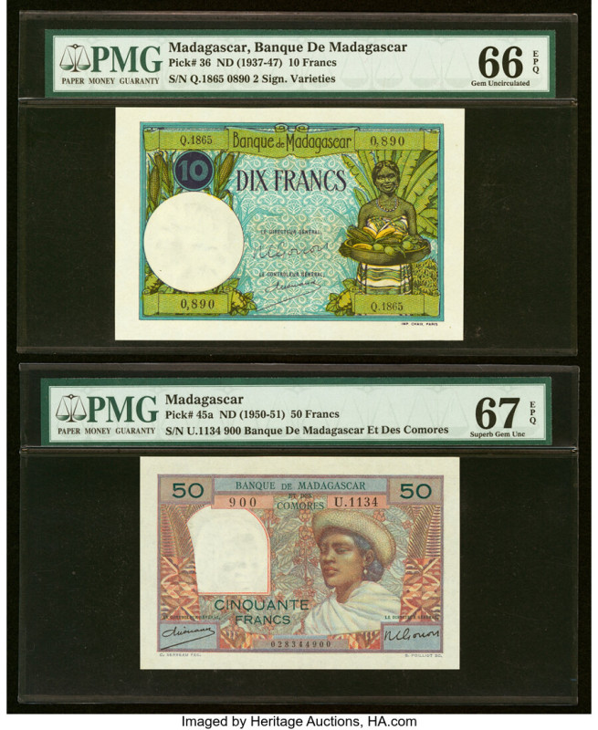 Madagascar Banque de Madagascar 10; 50 Francs ND (1937-51) Pick 36; 45a Two Exam...