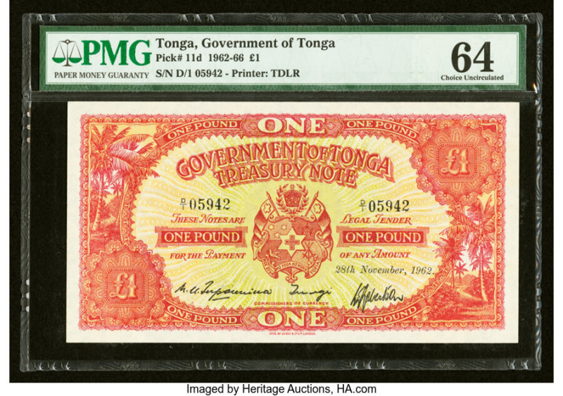 Tonga Government of Tonga 1 Pound 28.11.1962 Pick 11d PMG Choice Uncirculated 64...