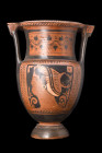 APULIAN RED-FIGURED COLUMN-KRATER

 Ca. 400-300 BC
 A red-figured krater, crafted from black-glazed pottery features a pear-shaped body, inverted a...