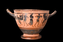 ATTIC BLACK-FIGURE SKYPHOS

 Ca. 540-480BC
 A black-figure skyphos skillfully crafted from fine reddish clay. The body of the skyphos rises gracefu...