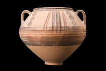 CYPRIOT BICHROME POTTERY VESSEL

 Ca. 750-600 BC
 A pottery vessel crafted from cream pottery featuring a bulbous body that tapers gradually toward...