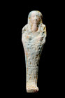 EGYPTIAN FAIENCE USHABTI

 Late Period, Ca. 664-332 BC
 A mummiform figure crafted from light-blue faience and adorned with a delicate glazed finis...