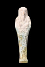 EGYPTIAN FAIENCE USHABTI

 Late Period, Ca. 664-332 BC
 A light faience ushabti. This mummiform figurine stands atop a diminutive, level base, with...