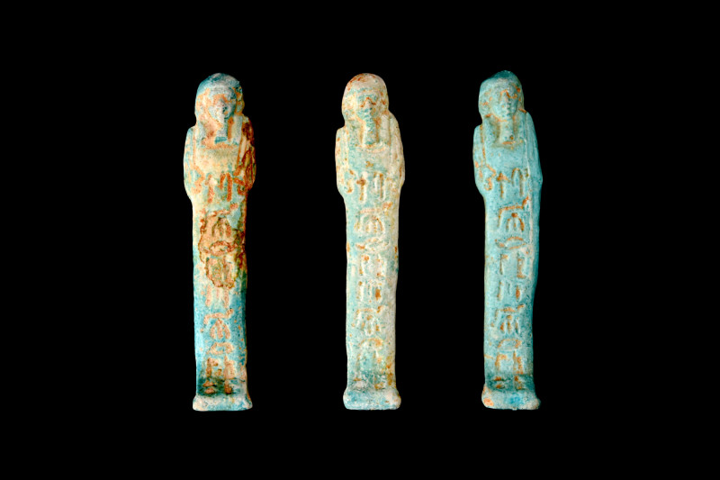 COLLECTION OF THREE EGYPTIAN FAIENCE USHABTIS

 Late Period, 30th Dynasty, Ca....