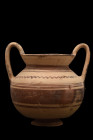 GREEK MESSAPIAN POTTERY KANTHAROS

 Ca. 300 BC
 A terracotta kantharos boasting a wide, flared rim that leads to a bulbous body, expertly adorned w...