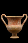 GREEK POTTERY KANTHAROS - DRINKING CUP

 Ca. 3rd century AD
 A pottery kantharos with a stemmed cup design, featuring a flaring rim, a tapering bod...