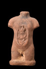 ETRUSCAN TERRACOTTA VOTIVE MODEL OF AN ANATOMICAL BODY

 Ca. 300-200 BC
 A simplified anatomical model depicting a male torso, with a focus on the ...