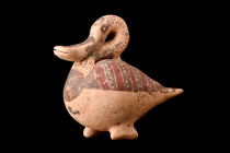 ETRUSCO-CORINTHIAN ARYBALLOS IN THE SHAPE OF A SWAN

 Ca. early 6th century AD
 A pottery aryballos in the shape of a swan. This exquisite piece ex...