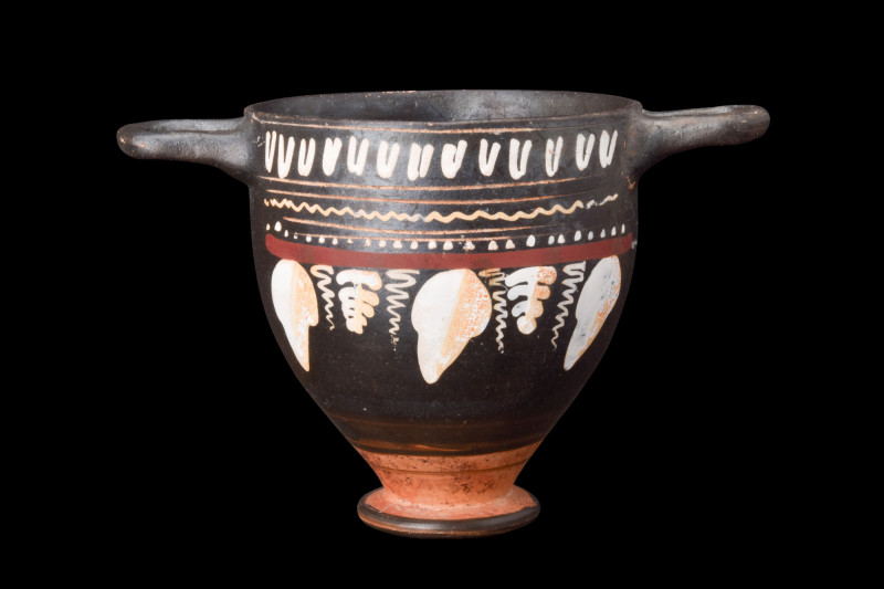 GNATHIAN BLACK-GLAZE POTTERY SKYPHOS

 Ca. 300 BC
 Skillfully crafted from po...