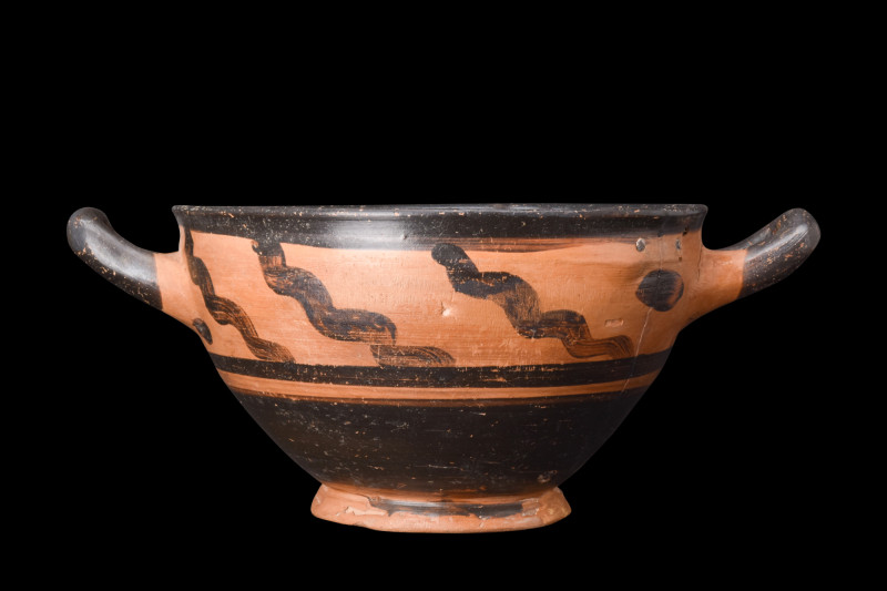 ATTIC PAINTED SKYPHOS

 Ca. 5th-4th century AD
 A pottery skyphos created fro...