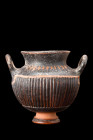 GREEK BLACK-GLAZE POTTERY VASE

 Ca. 450 BC
 A pottery vase with a black glazed surface. This vase, featuring a short, unglazed foot, a bulbous bod...