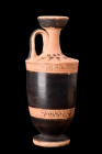 GREEK ATTIC POTTERY LEKYTHOS

 Ca. 5th century AD
 A black-glaze Attic lekythos features characteristic traits such as gently tapering walls that c...