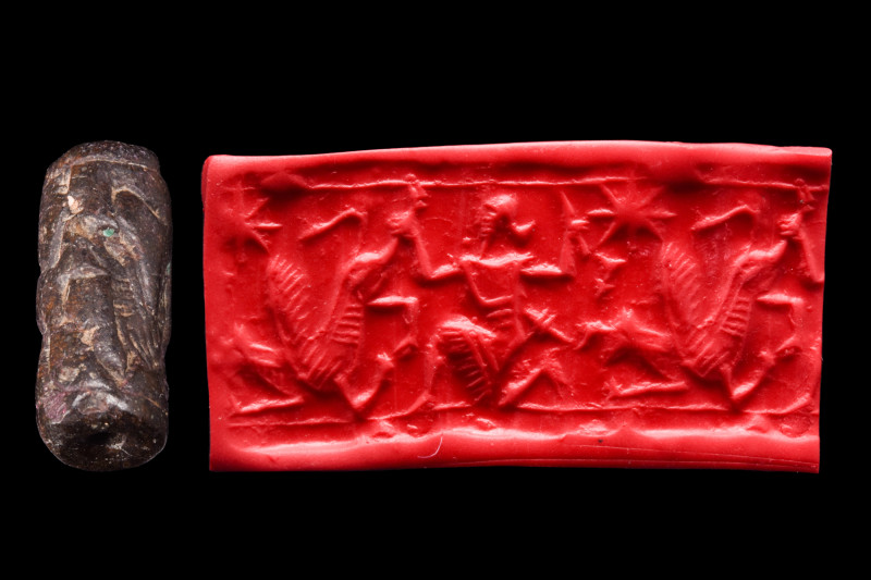 NEO ASSYRIAN BLACK STONE CYLINDER SEAL

 Ca. 9th-8th century BC
 A black ston...