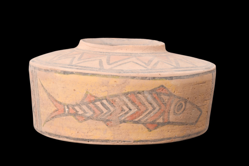 INDUS VALLEY TERRACOTTA CYLINDRICAL VESSEL WITH FISH

 Ca. 3000-2500 BC
 A te...