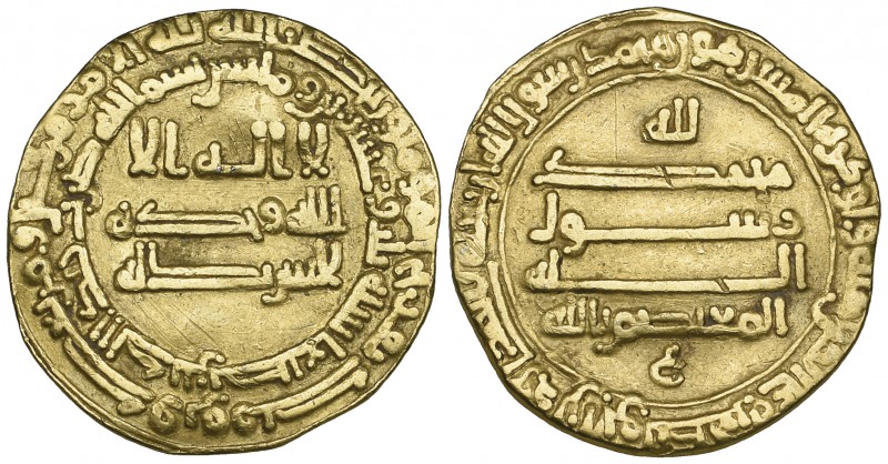 ABBASID, AL-MU‘TASIM (218-227h), Dinar, San‘a 223h. Reverse: letter ‘ayn below. ...