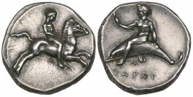 Calabria, Taras, didrachm, c. 390-380 BC, ephebos naked on horseback riding right, holding reigns in both hands; beneath horse, Λ, rev., ΤΑΡΑΣ, Phalan...