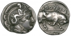 Lucania, Thurium, stater, c. 390 BC, head of Athena right wearing crested Attic helmet adorned with Skylla who scans the horizon, rev., ΘΟΥΡΙΩΝ, bull ...