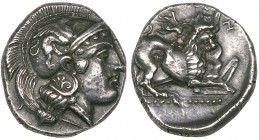 Lucania, Velia, stater, c. 435-400 BC, head of Athena right wearing crested Attic helmet adorned with griffin, rev., [ΥΕΛΗΤ]ΩΝ, lion to right pulling ...