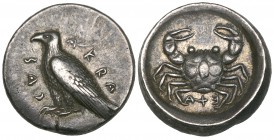Akragas, didrachm, c. 495-485 BC, eagle standing left with closed wings; around, ΑΚΡΑ-CΑΣ, rev., crab within incuse circle; ΕΧΑ (retrograde) below, 8....