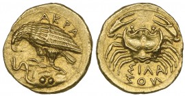 Akragas, gold tetradrachm, c. 410-406 BC, ΑΚΡΑ, eagle with closed wings standing left on rock, about to tear at serpent; on the rock, two globules (ma...