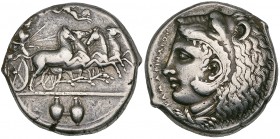 Kamarina, tetradrachm by Exakestidas, c. 410 BC, fast quadriga driven right by Athena, helmeted and holding goad and reins; Nike flying above to crown...