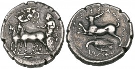 Messana, tetradrachm by Simin.., c. 412-408 BC, slow biga of mules driven left by female charioteer holding goad and reins; above, Nike flying right t...