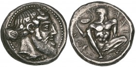 Naxos, tetradrachm, c. 460 BC, by the Aetna Master, bearded head of Dionysos right wearing ivy wreath, hair tied in krobylos at back of neck, rev., Ν-...