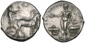 Selinos, tetradrachm, c. 417-409 BC, Artemis driving quadriga right with Apollo standing beside her drawing bow; above, laurel wreath, rev., ΣΕΛΙΝΟΝΤ-...