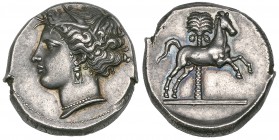 Siculo-Punic coinage, Entella, tetradrachm, c. 330-320 BC, head of Tanit left, hair wreathed with barley leaves, wearing triple-drop earring and pearl...