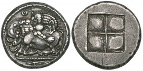 Macedonia, Akanthos, tetradrachm, c. 470 BC, bull with head raised, slumped to its knees and attacked by a lion who sinks its jaws into the bull’s bac...