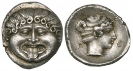 Macedonia, Neapolis, hemidrachm, c. 424-350 BC, facing gorgoneion with protruding tongue, rev., Ν-Ε-Ο-Π arranged around head of nymph right, 1.83g, di...