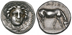 Thessaly, Larissa, drachm, c. 400-380 BC, head of nymph Larissa facing, turned slightly to right, wearing ampyx, earrings and necklace with central pe...