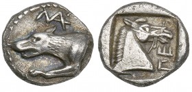 Thessaly, Perrhaiboi, obol, c. 460 BC, forepart of wolf to left; above, monogram, rev., ΠΕ, head of bridled horse to right; all within incuse square, ...