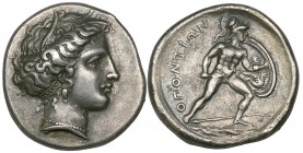 Locris, Locris Opuntii, stater, c. 350-340 BC, head of Persephone right, hair wreathed with barley, wearing pendant earring, rev., ΟΠΟΝΤΙΩΝ, Ajax adva...