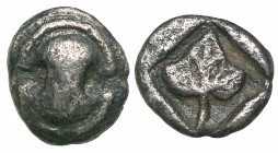 Boeotia, Thebes, tetartemorion, c. 450-425 BC, Boeotian shield, rev., trilobite vine leaf in incuse square, 0.20g (Bérend [Mildenberg Festschrift], pl...