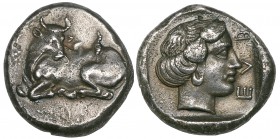 Euboia, Euboian League, stater, c. 375-357 BC, cow reclining to left with head turned back to lick its flank, its tail emerging from behind, rev., ΕΥΒ...