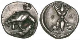 Elis, Olympia, hemidrachm, c. 420 BC (90th Olympiad), eagle with closed wings, holding dead hare and tearing at it, rev., F-A, thunderbolt with wings ...