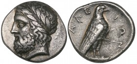 Elis Olympia, stater, c. 360-350 BC, laureate head of Zeus left, rev., [F]ΑΛΕ-ΙΩΝ, eagle standing right on Ionic capital, 11.53g, die axis 6.00 (Seltm...