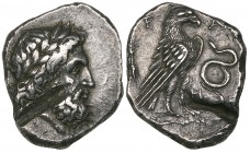 Elis, Olympia, stater, c. 300-276 BC, laureate head of Zeus right, rev., F-A, eagle standing right flanked by thunderbolt and serpent with protruding ...